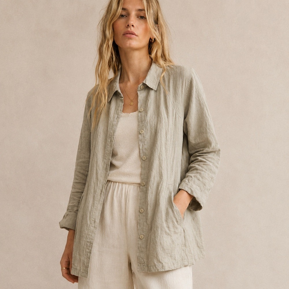 FLAX Linen Jasmine Shirt Jacket with Pockets Sage Sz L